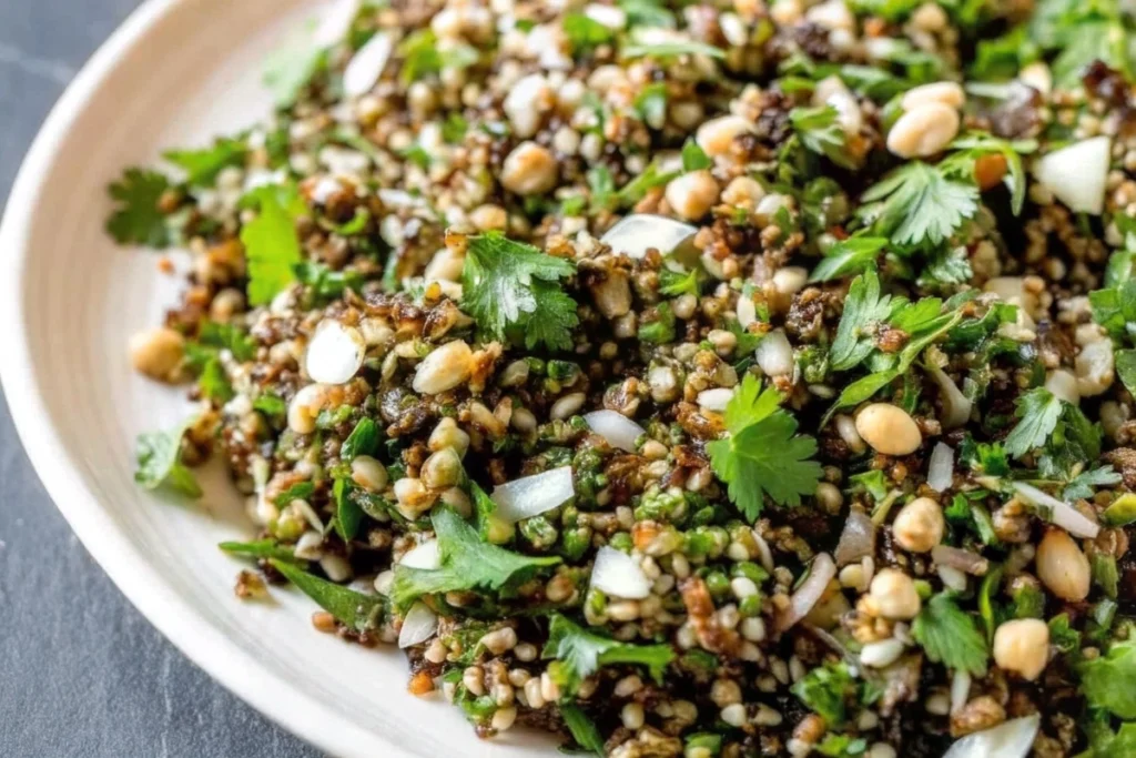 Bowl of Cypriot Grain Salad with freekeh, herbs, nuts, and pomegranate seeds