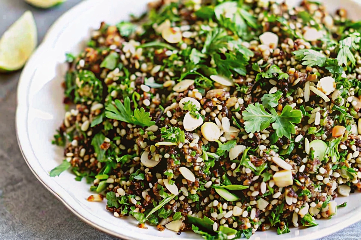 Bowl of Cypriot Grain Salad with freekeh, herbs, nuts, and pomegranate seeds