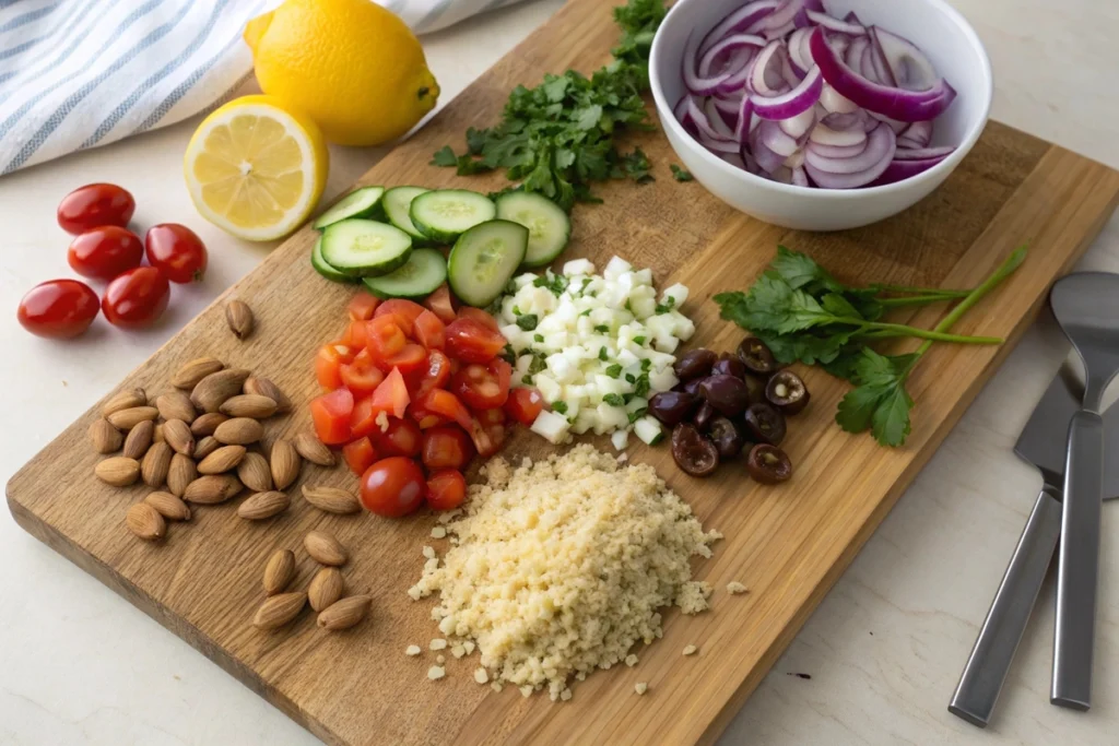 Bowl of Cypriot Grain Salad with freekeh, herbs, nuts, and pomegranate seeds
