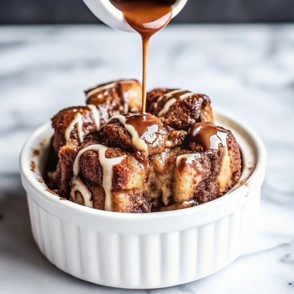 Slice of decadent bourbon-soaked brioche pudding drizzled with bourbon sauce
Decadent Bourbon Brioche Dessert