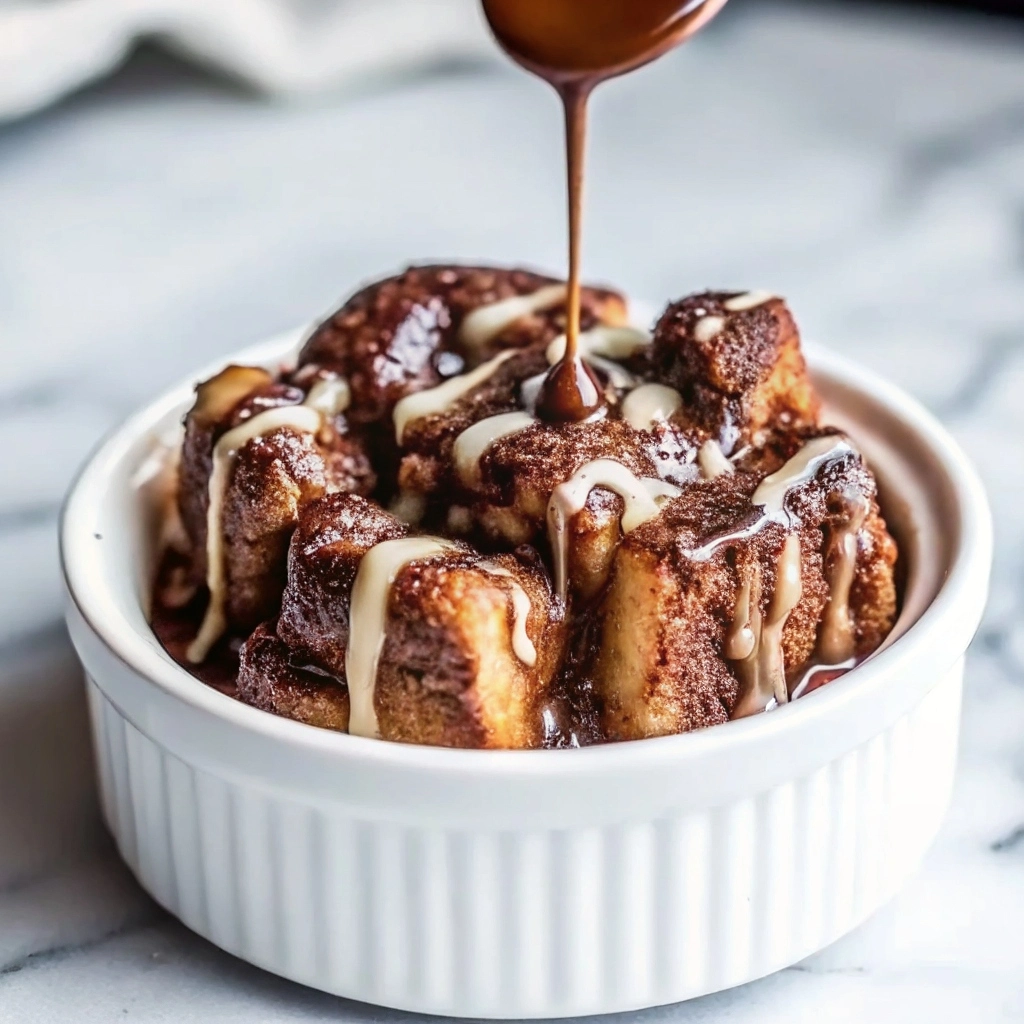 Slice of decadent bourbon-soaked brioche pudding drizzled with bourbon sauce