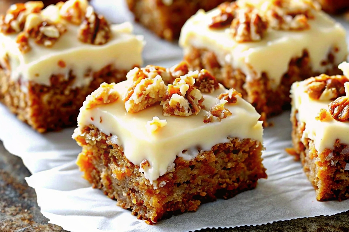 Close-up of decadent carrot cake bars with creamy frosting topping