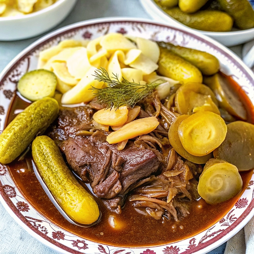 Slow cooker Dill Pickle Pot Roast with dill pickles and savory gravy Dill Pickle Pot Roast