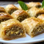 Golden rolled baklava spirals drizzled with honey syrup