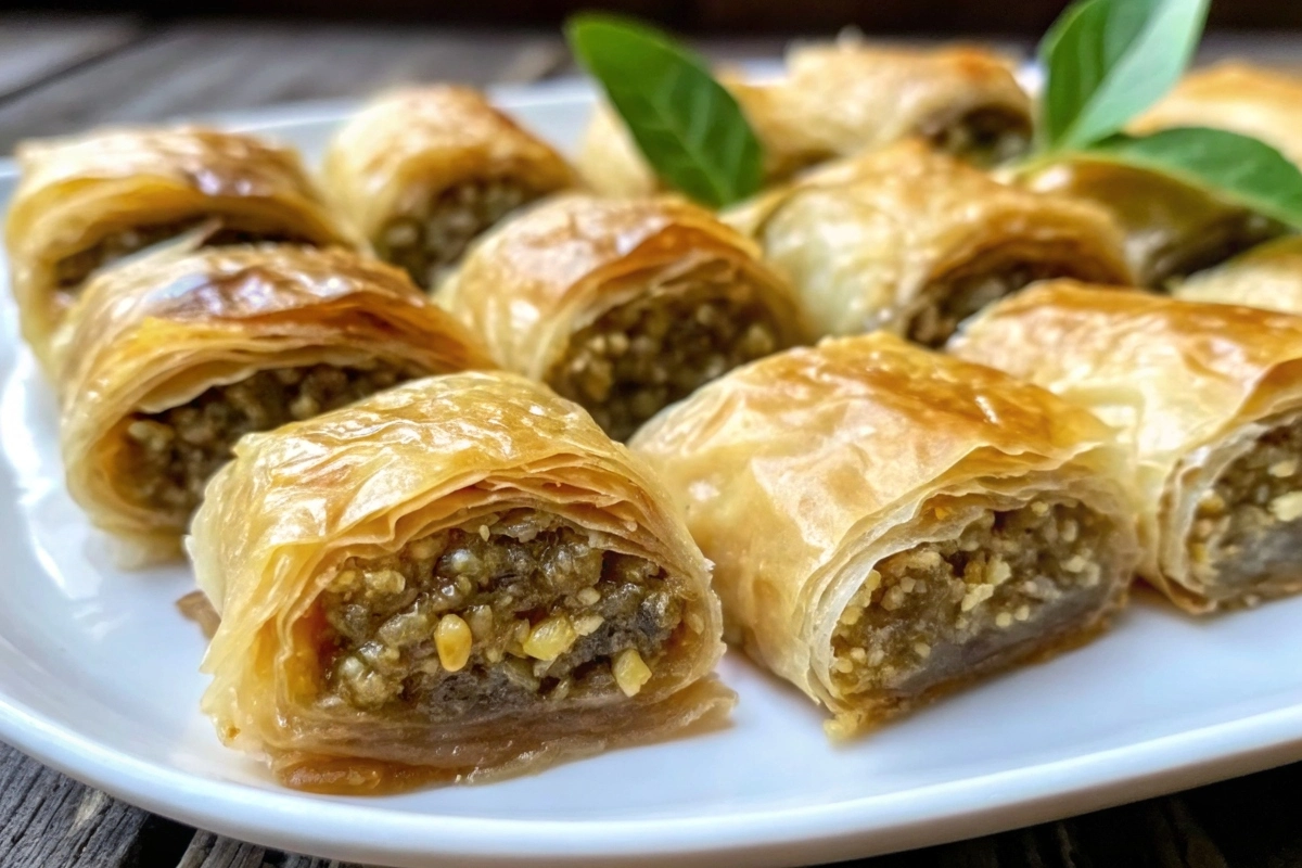 Golden rolled baklava spirals drizzled with honey syrup