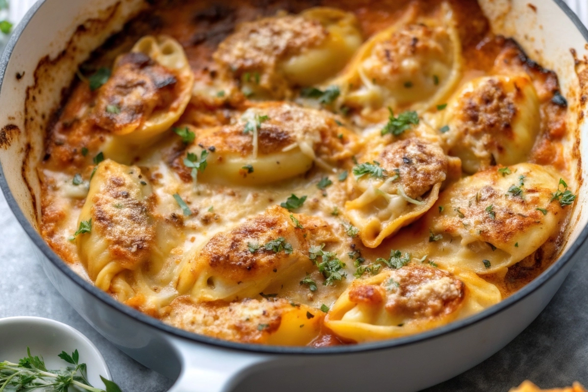 Close-up of French Onion Stuffed Pasta Shells with golden, bubbly topping