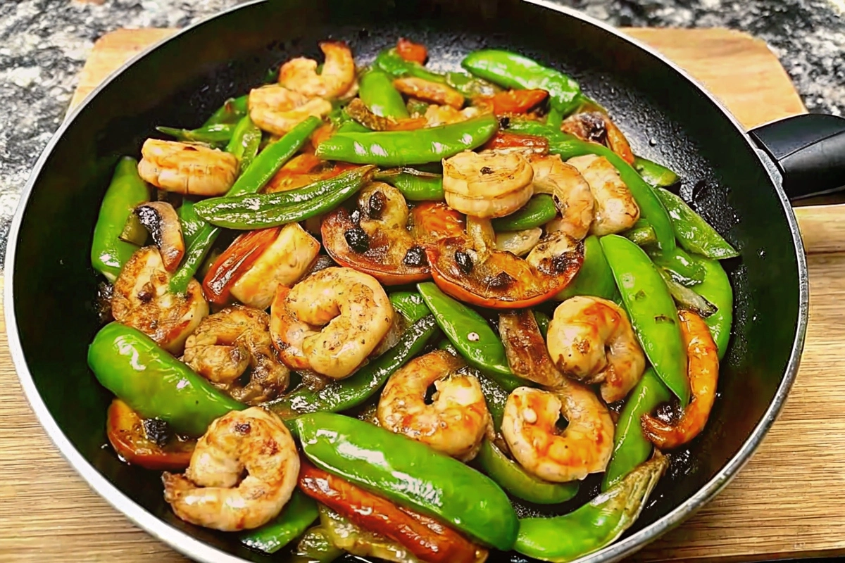 Shrimp and snow pea stir-fry on a white plate