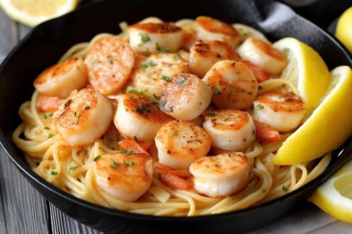 Plate of Garlic Butter Scallop and Shrimp Pasta garnished with fresh parsley