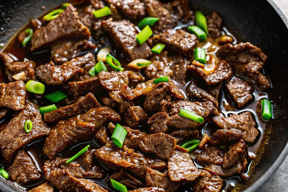 Ginger soy flank steak garnished with scallions