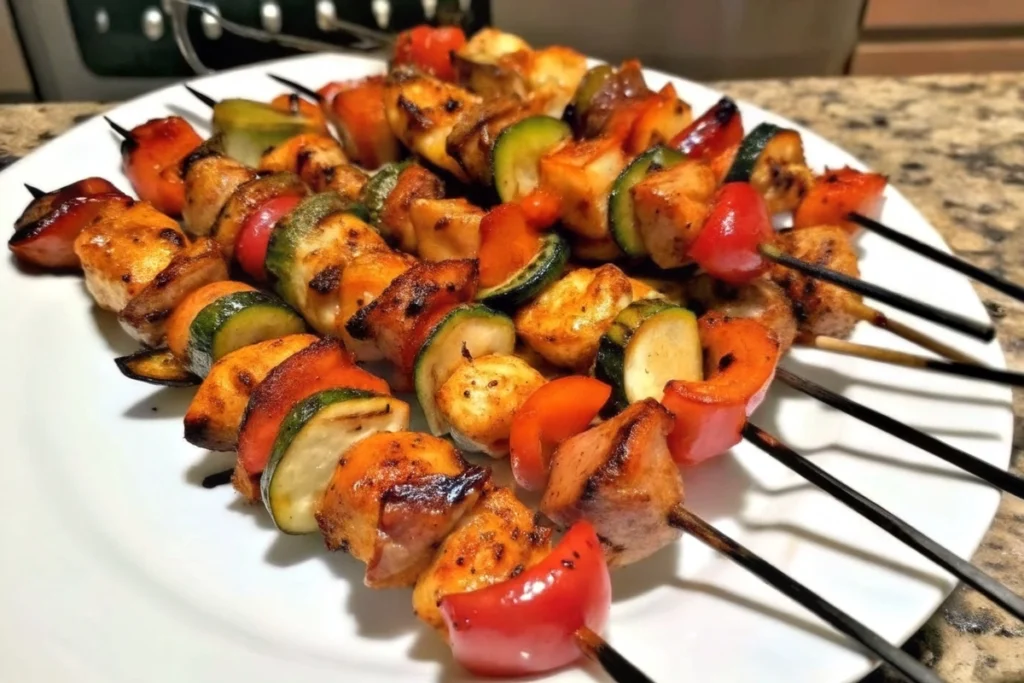 Colorful grilled chicken kabobs on a wooden skewergrilled-chicken-kabobs-guide