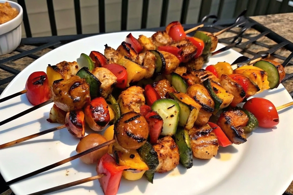 Colorful grilled chicken kabobs on a wooden skewer