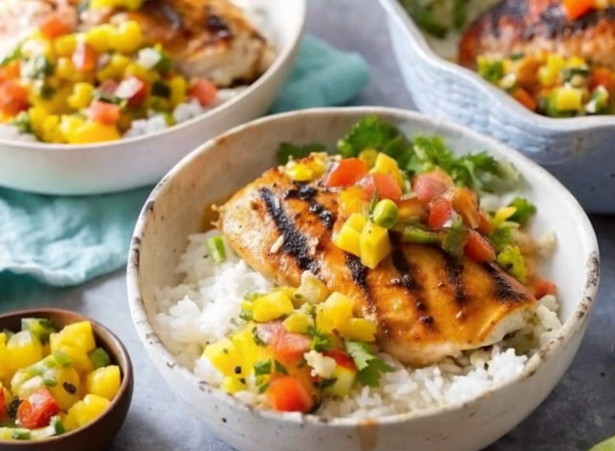 Grilled Salmon with Mango Salsa & Coconut Rice beautifully plated
