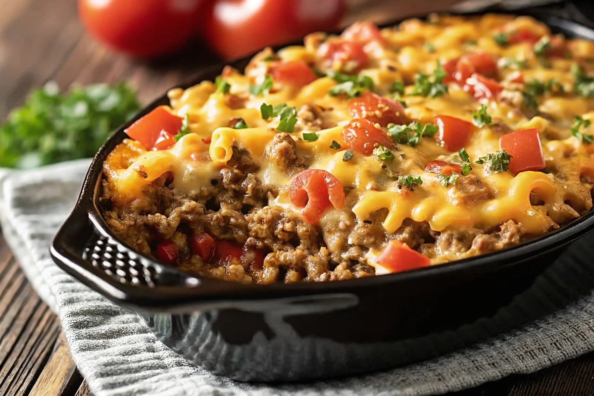 Mouthwatering Hamburger Supreme Casserole in a baking dish