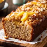 Slice of Hawaiian banana bread with pineapple and coconut