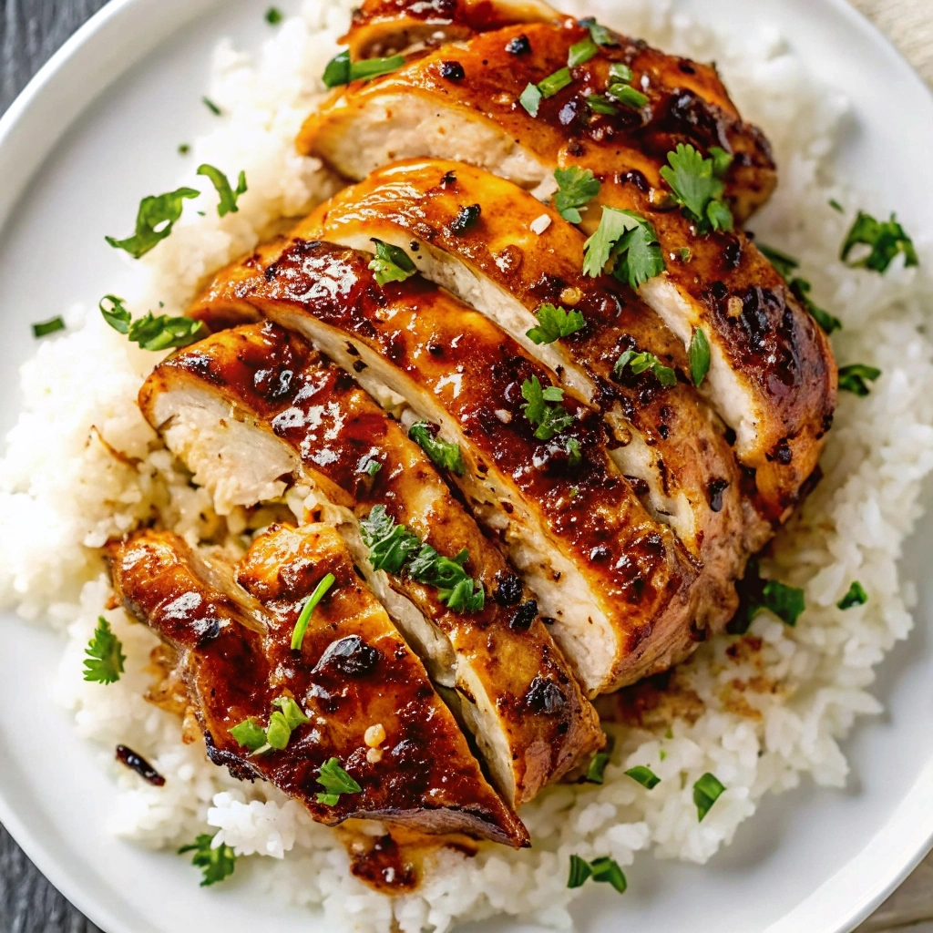 Honey garlic chicken breasts glazed with sticky sauce