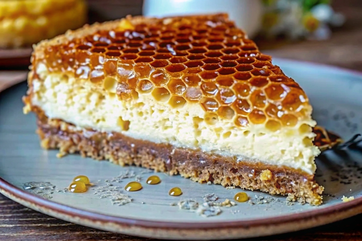 A slice of Lemon Lavender Cheesecake topped with crispy honeycomb