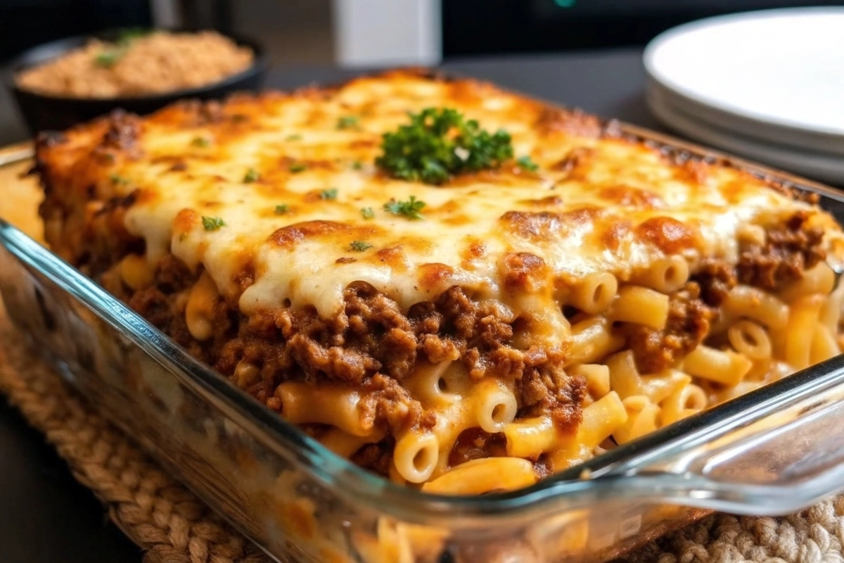 Delicious mac and cheese meatloaf casserole topped with crispy Parmesan crust