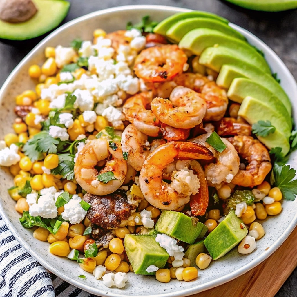 Bowl of Mexican street corn shrimp salad with cilantro lime dressing
