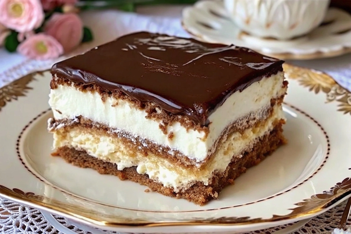 No-bake chocolate éclair cake slice on a dessert plate