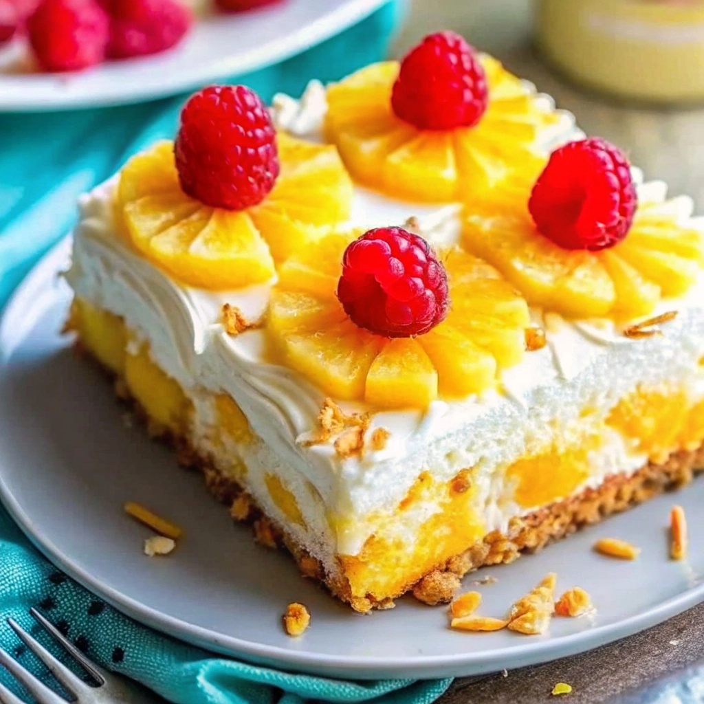 Slice of No-Bake Pineapple Heaven Cheesecake Dessert on a white plate