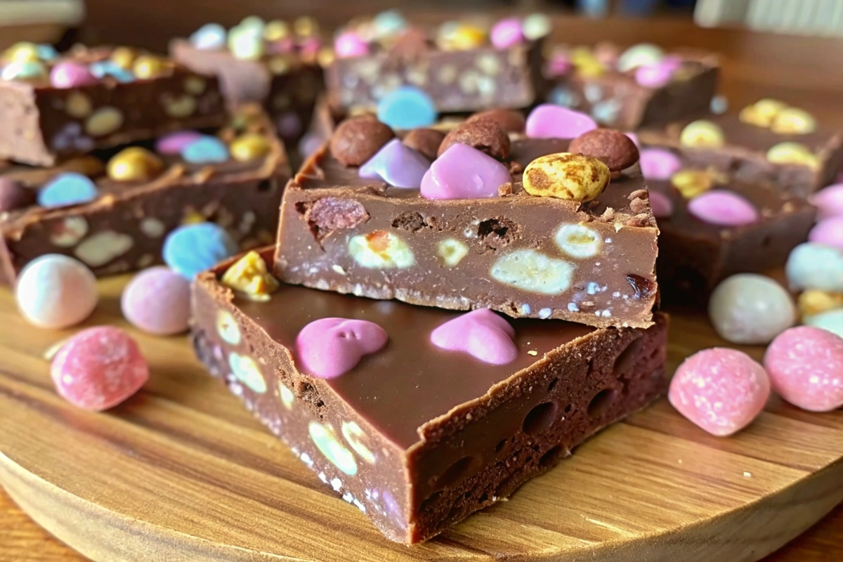 No‑Mix Popping Candy Easter Rocky Road in pastel marshmallows and chocolate