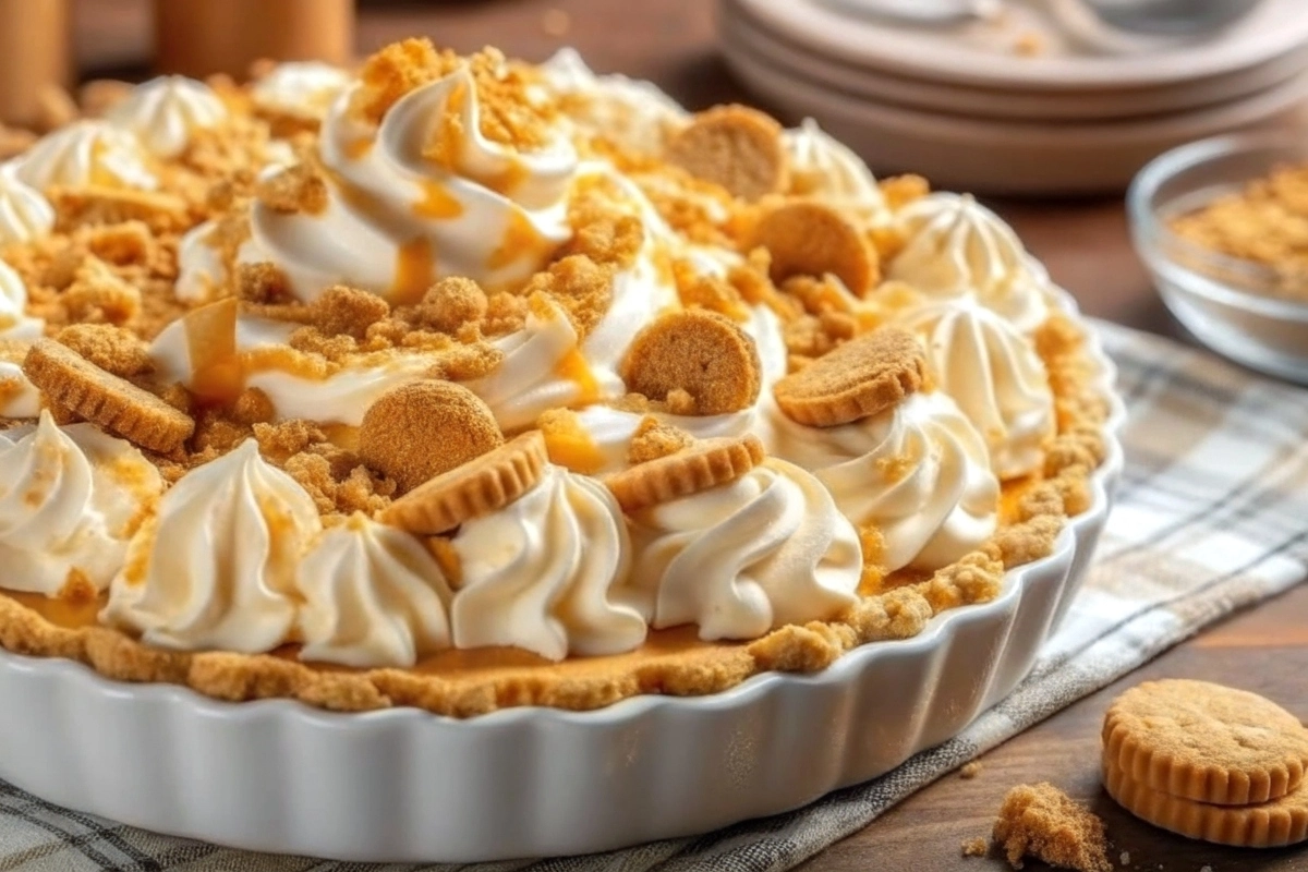 Slice of Nutter Butter Pie on white plate with chocolate drizzle