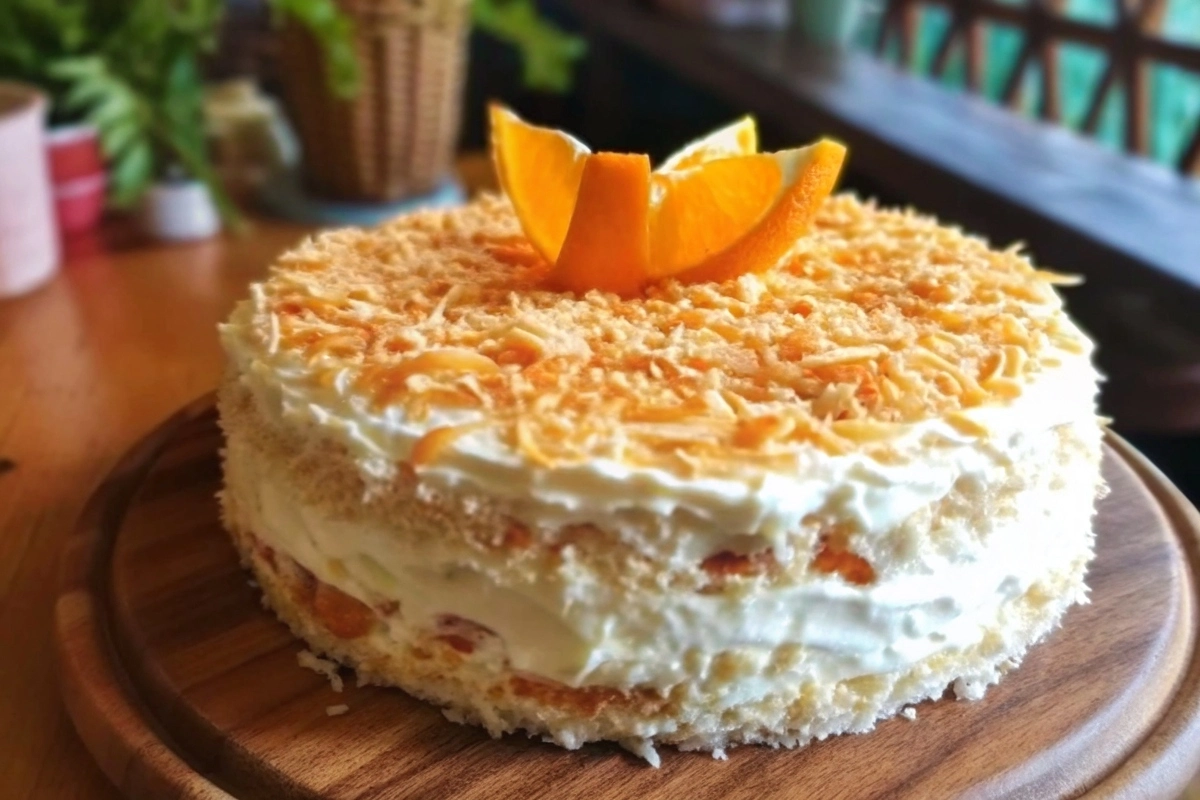 Fresh orange coconut cake with decorative garnish