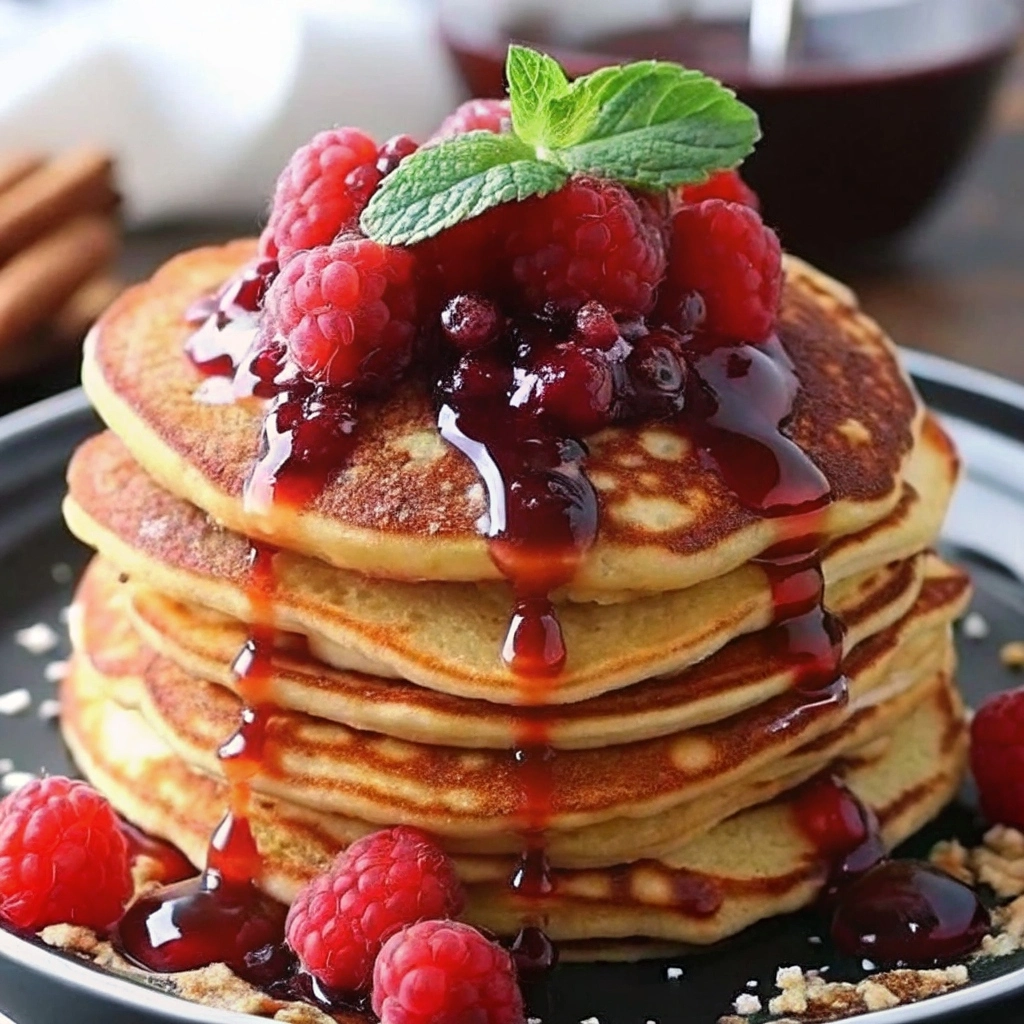 Stack of Raspberry Carrot Cake Pancakes topped with fresh raspberries and a dusting of powdered sugar
