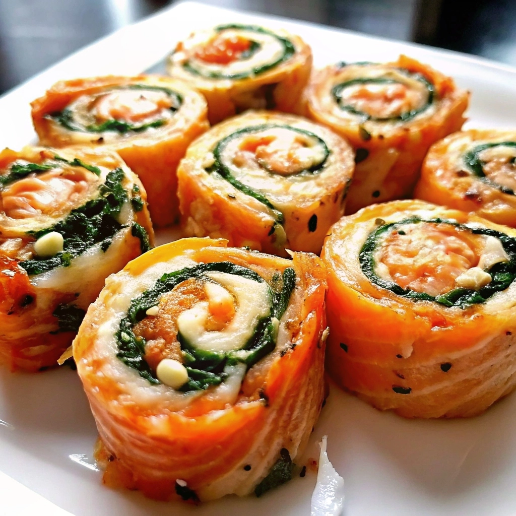 Salmon spinach roll‑ups on a white platter