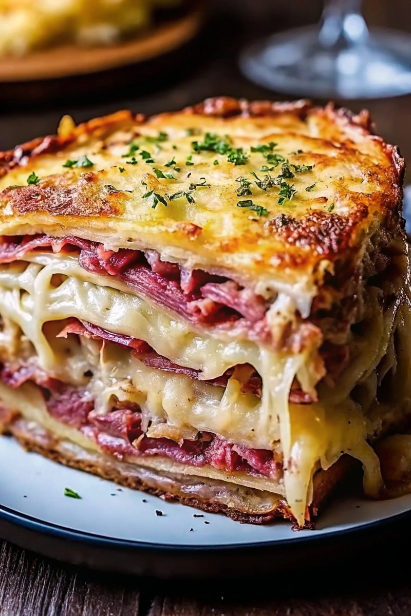 Savory Reuben Bake in a ceramic dish
