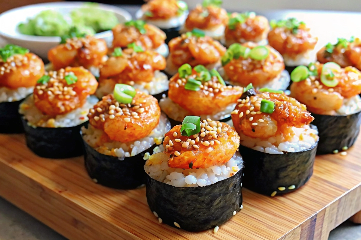 Shrimp sushi bake cups with creamy topping and furikake