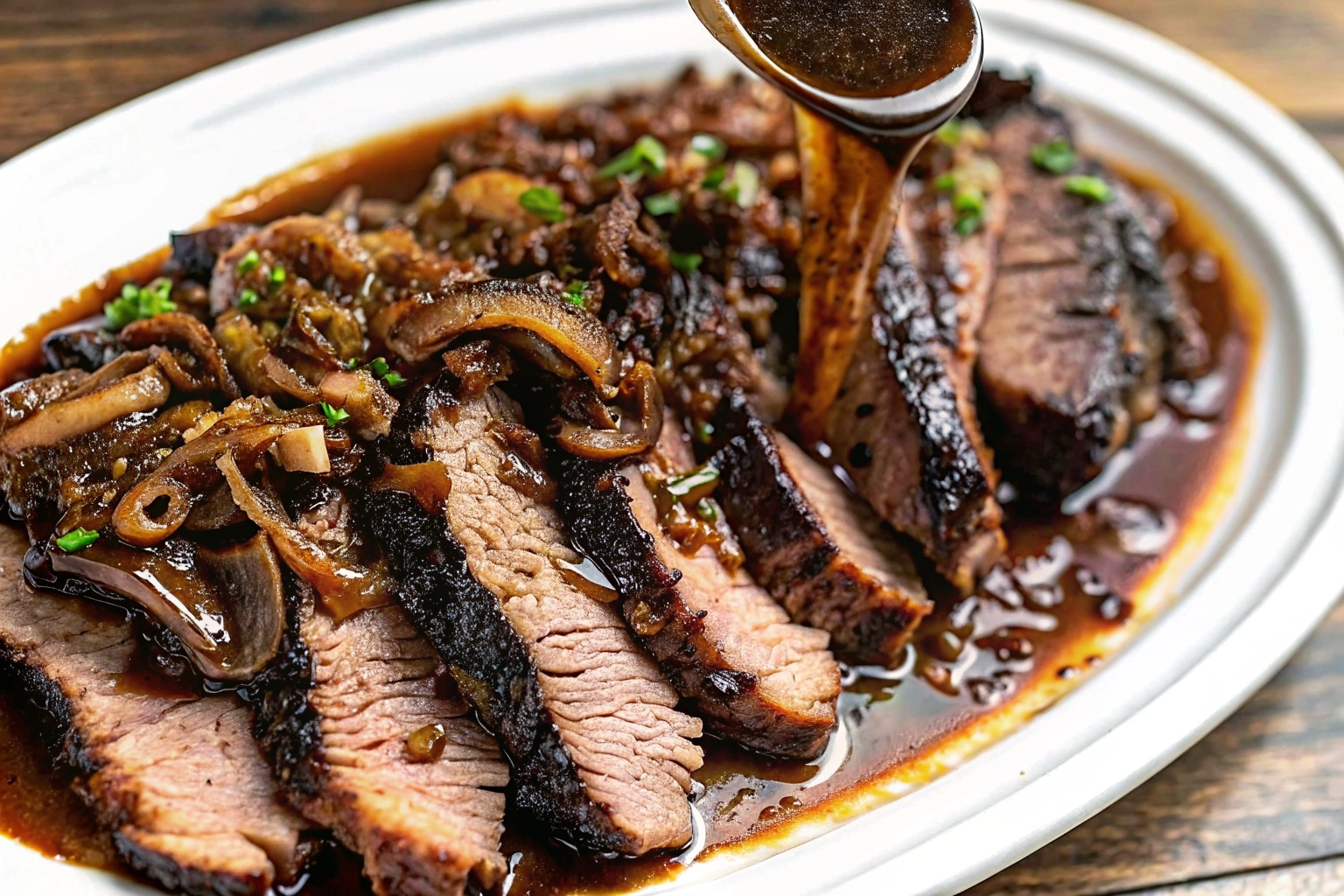 Slow-cooked brisket with balsamic onion gravy served in a dish