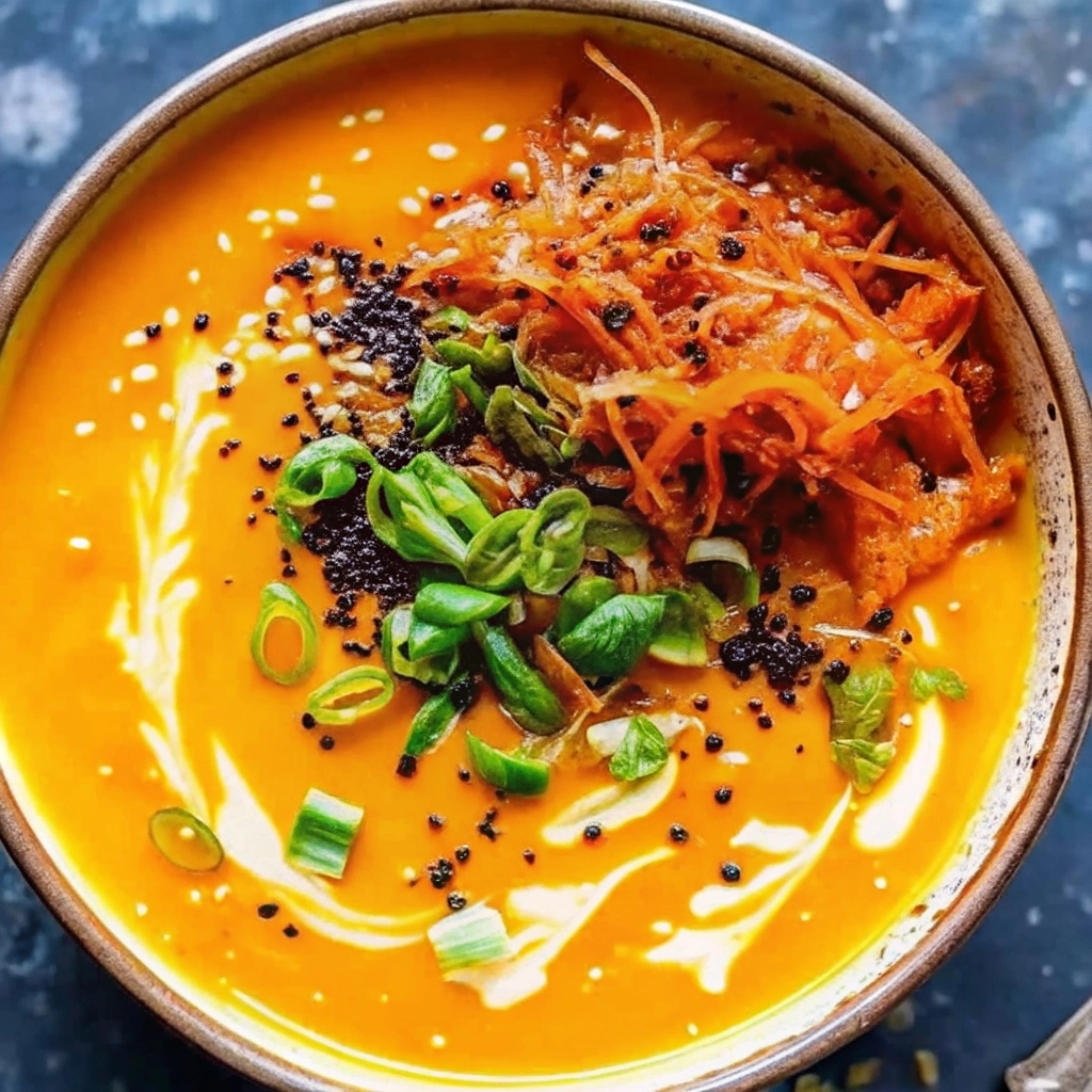 Bowl of Spicy Miso Carrot Soup garnished with scallions and chili oil