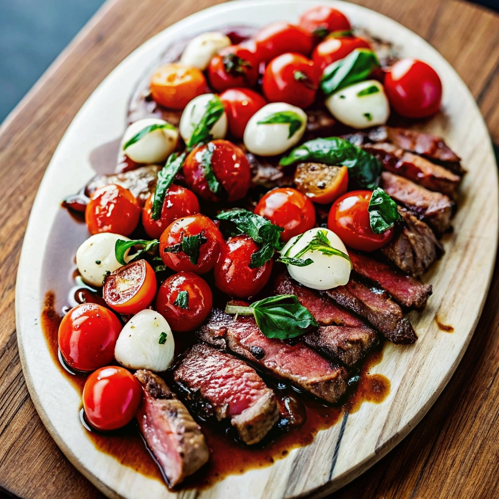 Steak Caprese with Balsamic Dressing on a white plate
