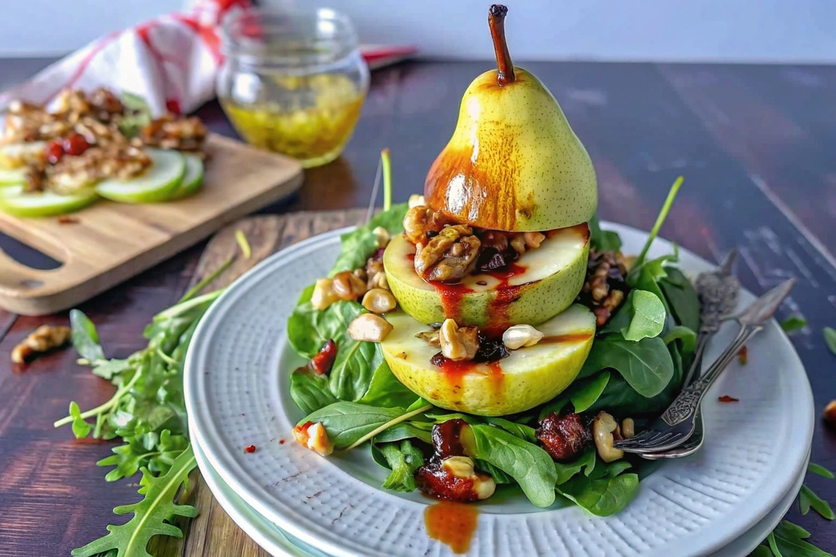 Artfully arranged vertical pear blue cheese salad on a modern plate.