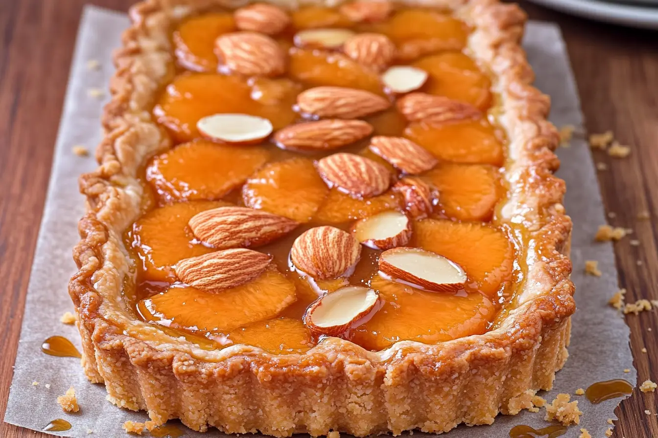 Freshly baked Apricot Almond Tart with golden crust and glazed apricots