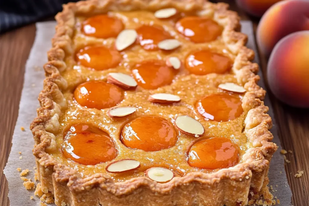Freshly baked Apricot Almond Tart with golden crust and glazed apricots