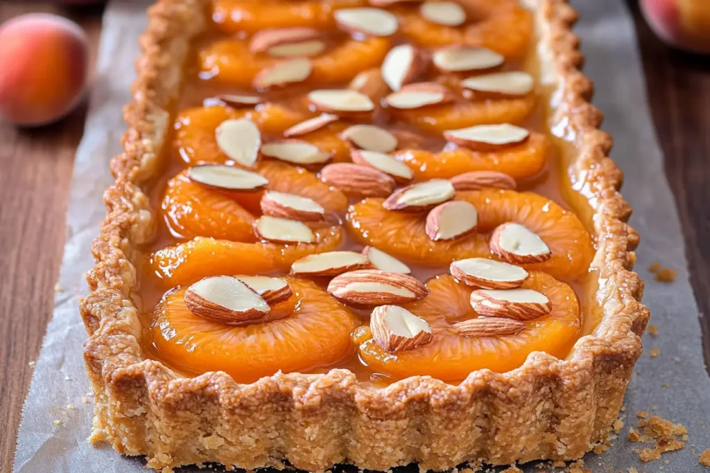 Freshly baked Apricot Almond Tart with golden crust and glazed apricots