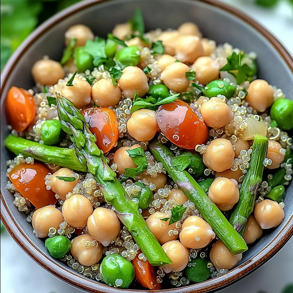 Bowl of asparagus chickpea quinoa salad with lemon-tahini dressing