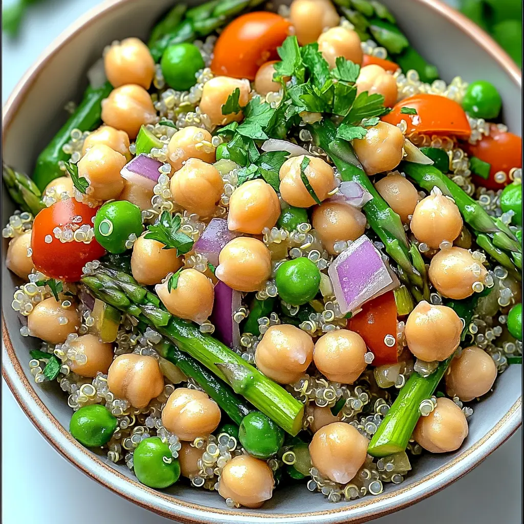 Bowl of asparagus chickpea quinoa salad with lemon-tahini dressing