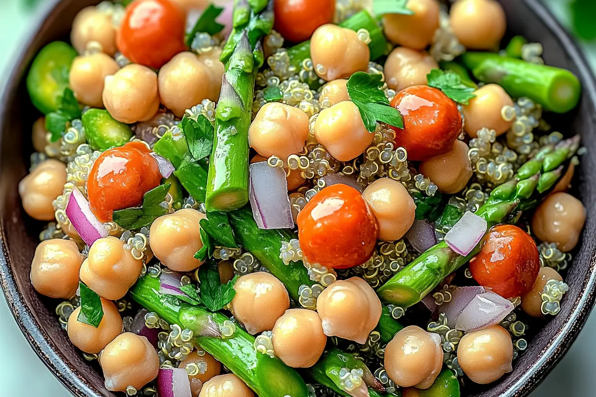 Bowl of asparagus chickpea quinoa salad with lemon-tahini dressing