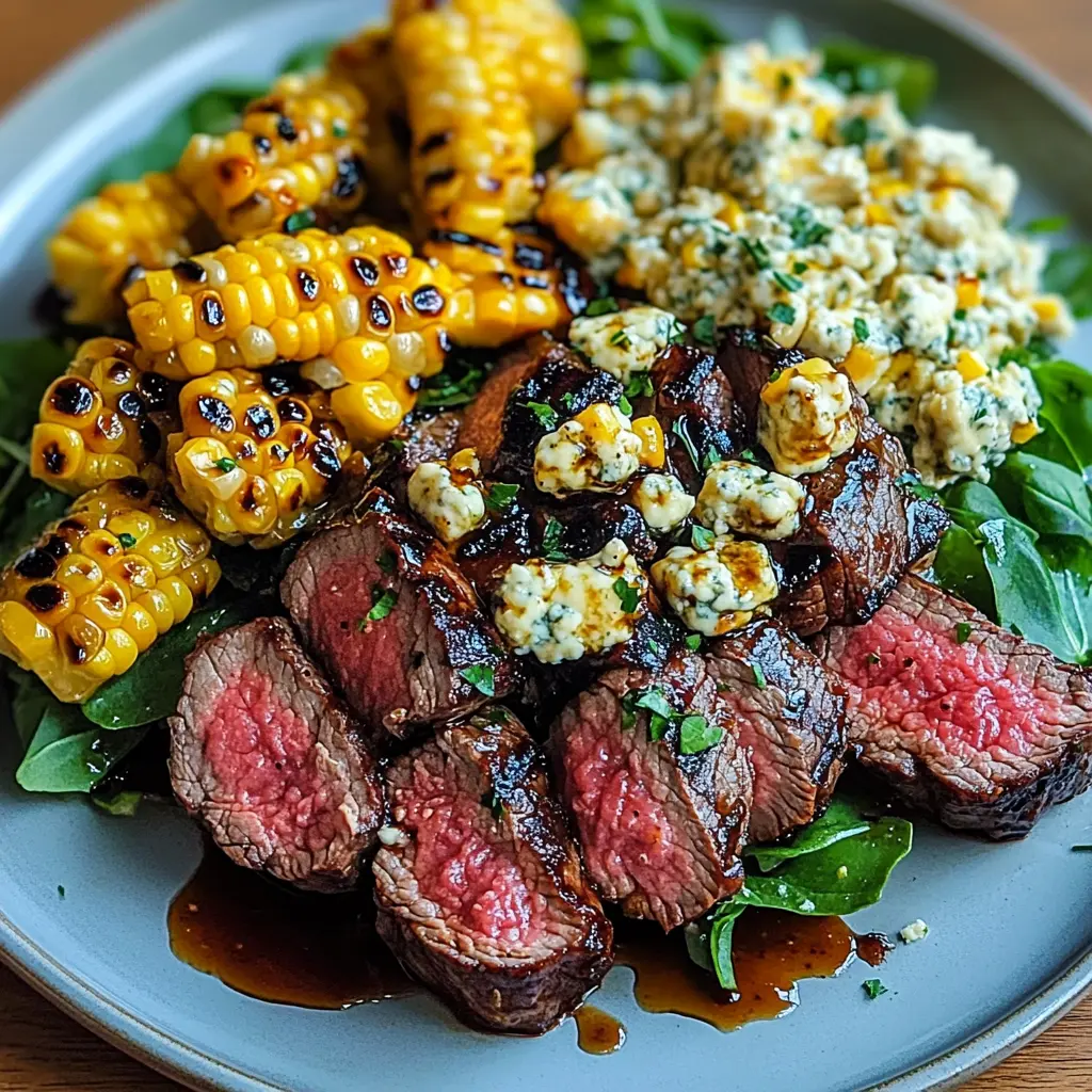 Balsamic steak Gorgonzola salad with grilled corn, cherry tomatoes, red onion, and mixed greens