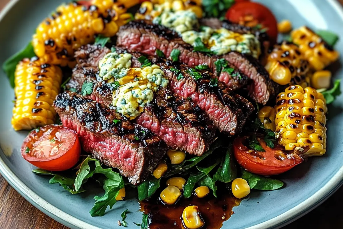 Balsamic Steak Gorgonzola Salad with Grilled Corn,cherry tomatoes, red onion, and mixed greens