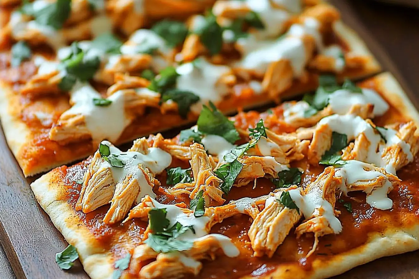 Buffalo Chicken Flatbread Pizza topped with melted cheese, celery ribbons, and ranch drizzle
