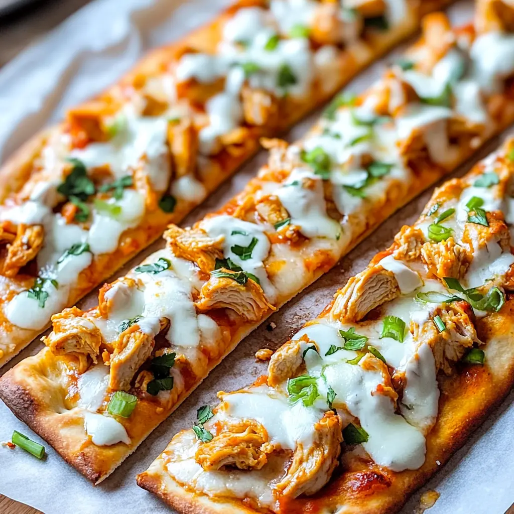 Buffalo Chicken Flatbread Pizza topped with melted cheese, celery ribbons, and ranch drizzle