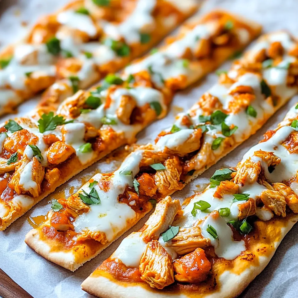 Buffalo Chicken Flatbread Pizza topped with melted cheese, celery ribbons, and ranch drizzle