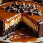 Slice of Caramel Brownie Cheesecake with caramel drizzle