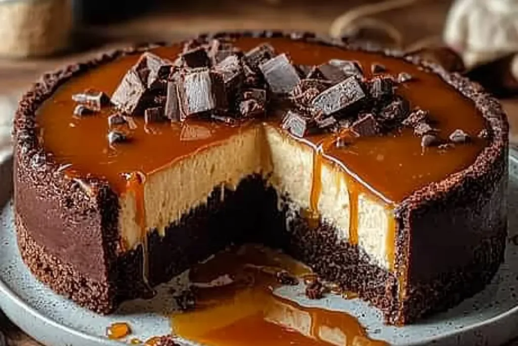 Slice of Caramel Brownie Cheesecake with caramel drizzle