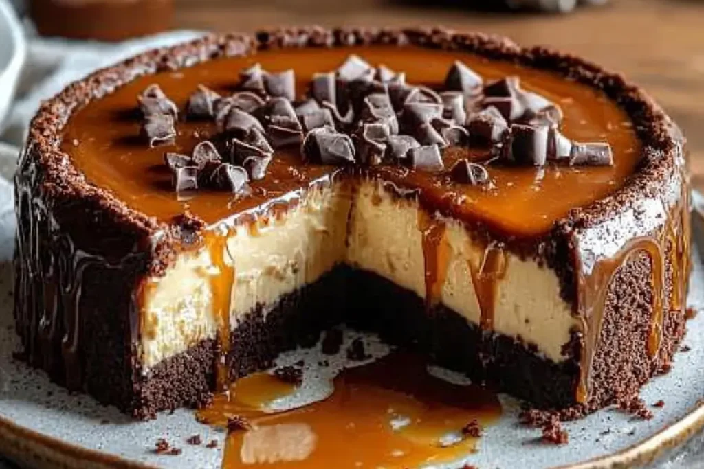 Slice of Caramel Brownie Cheesecake with caramel drizzle