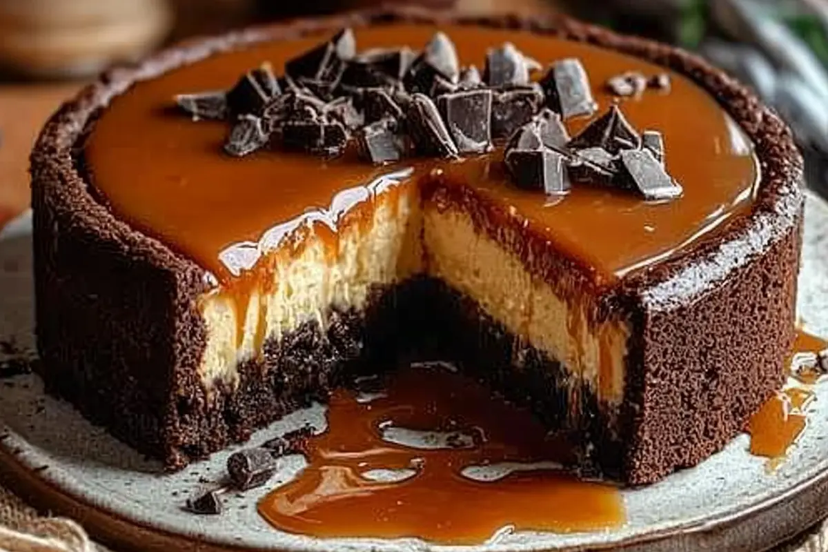 Slice of Caramel Brownie Cheesecake with caramel drizzle